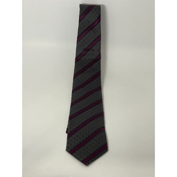 Gucci 100% Silk Tie Gray Purple GG Monogram Stripe Italy Crest Logo Designer - Picture 10 of 16
